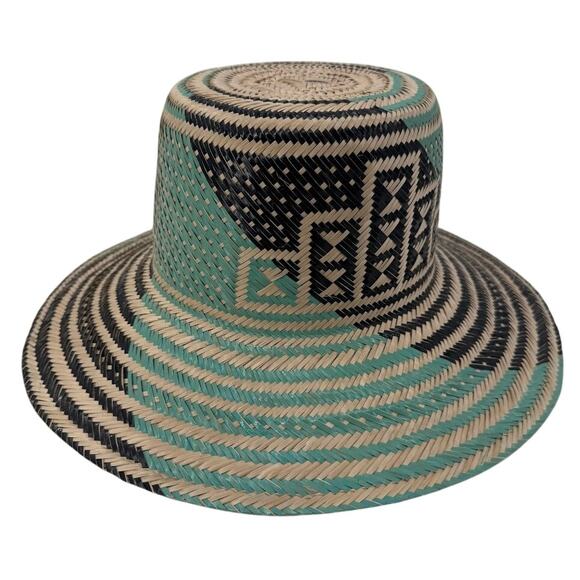 Traditional Woven Straw Wayuu Hat Black Blue Size Large Summer Hat - Picture 1 of 4